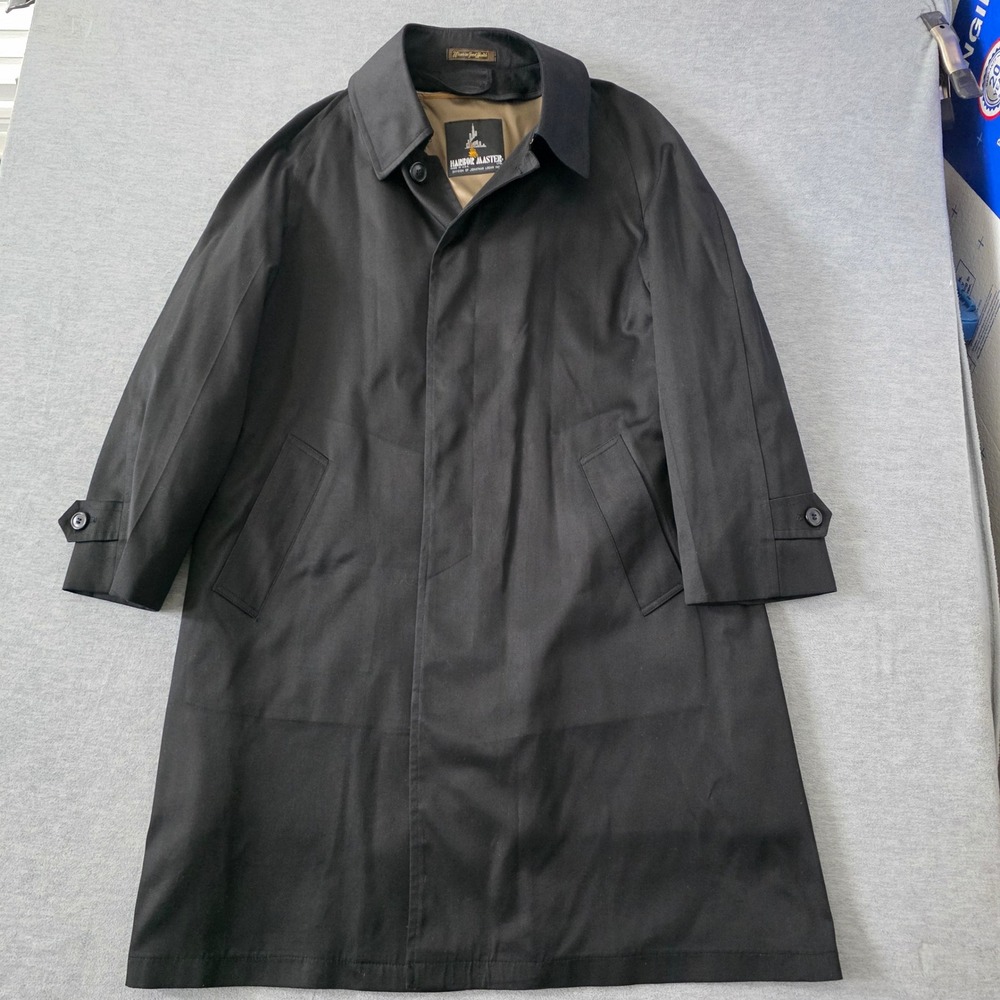 Harbor Master Mens Black Trench Coat Raincoat Zip Out Wool Liner 42L Made in USA